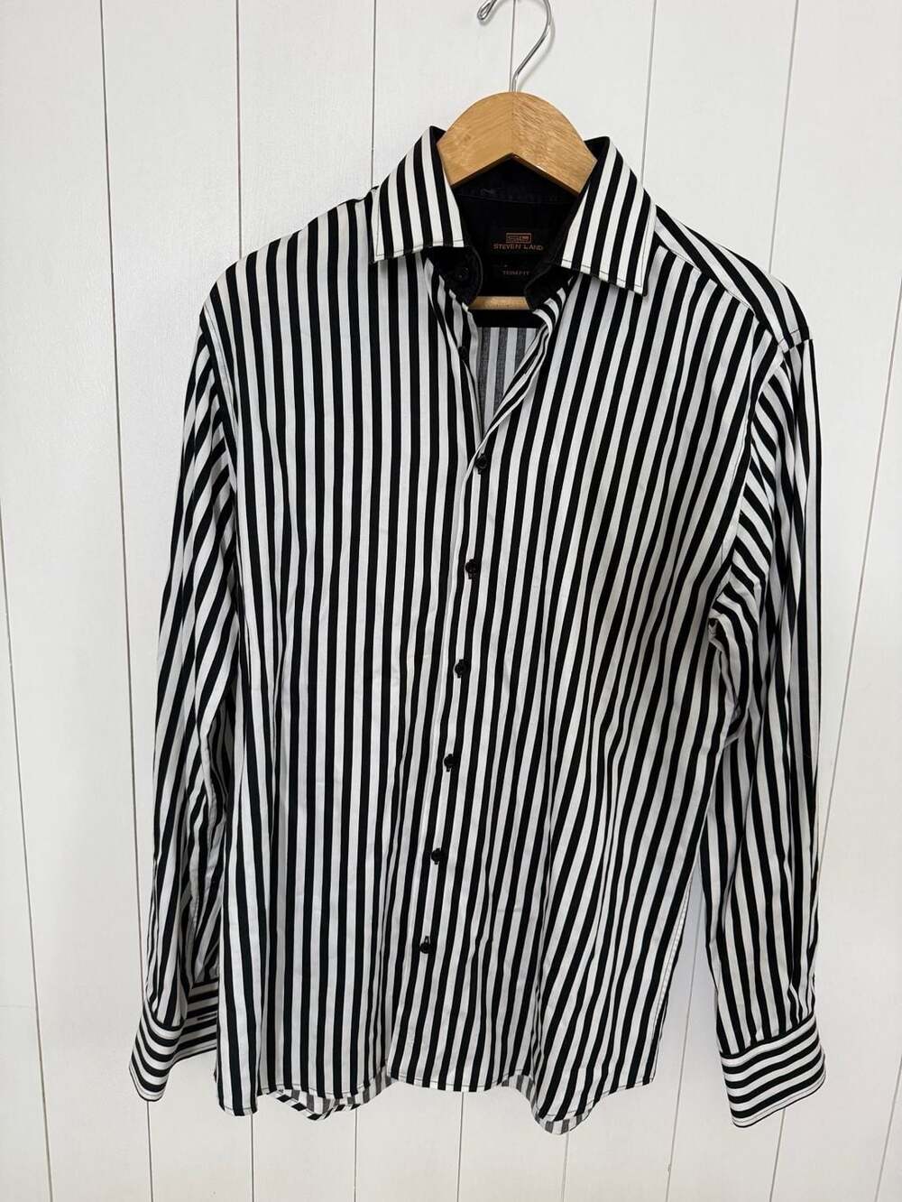 Steven Land Dress Shirt Size 15.5 34/35 Black White Striped Trim Fit